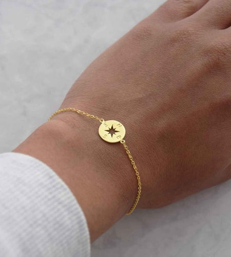 Gold Compass Bracelet Stainless Steel Dainty Disc